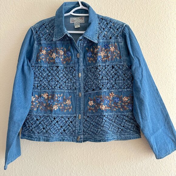 VTG New Directions Embroidered Woven Denim Chambray Concho Button up Top Sz L - Picture 1 of 11
